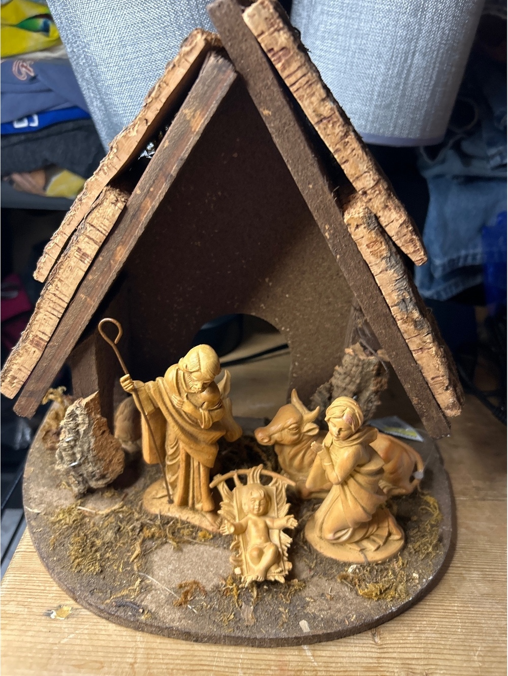 Vintage Small Wooden Nativity Scene with Figures
